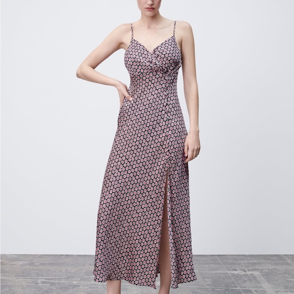 ZARA Slip Satin Floral Midi Dress - Picture 1 of 5